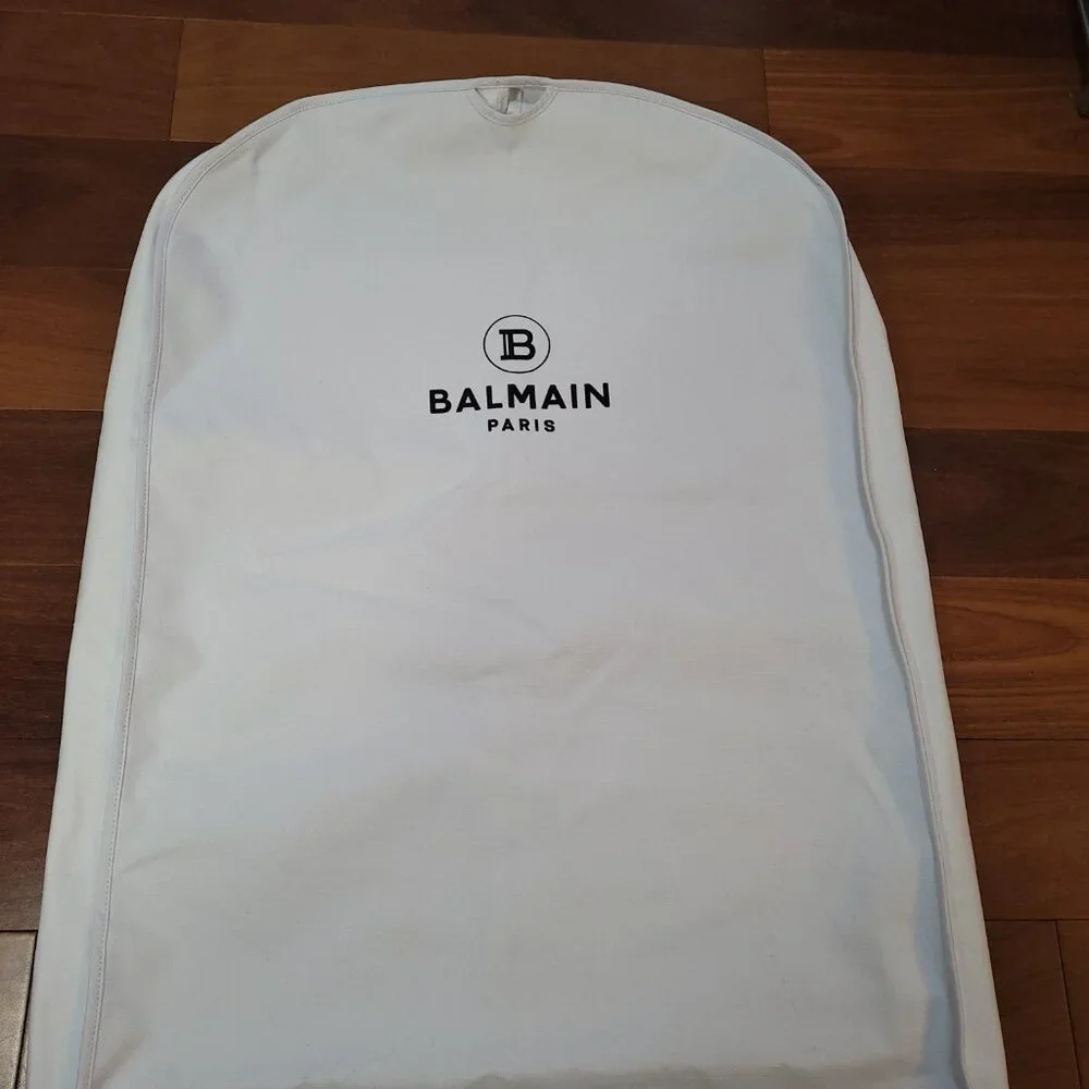 Balmain Garment Bag Gown White Black Logo Gold Tone Exposed Zipper 62.5 x 23 in - Picture 2 of 13